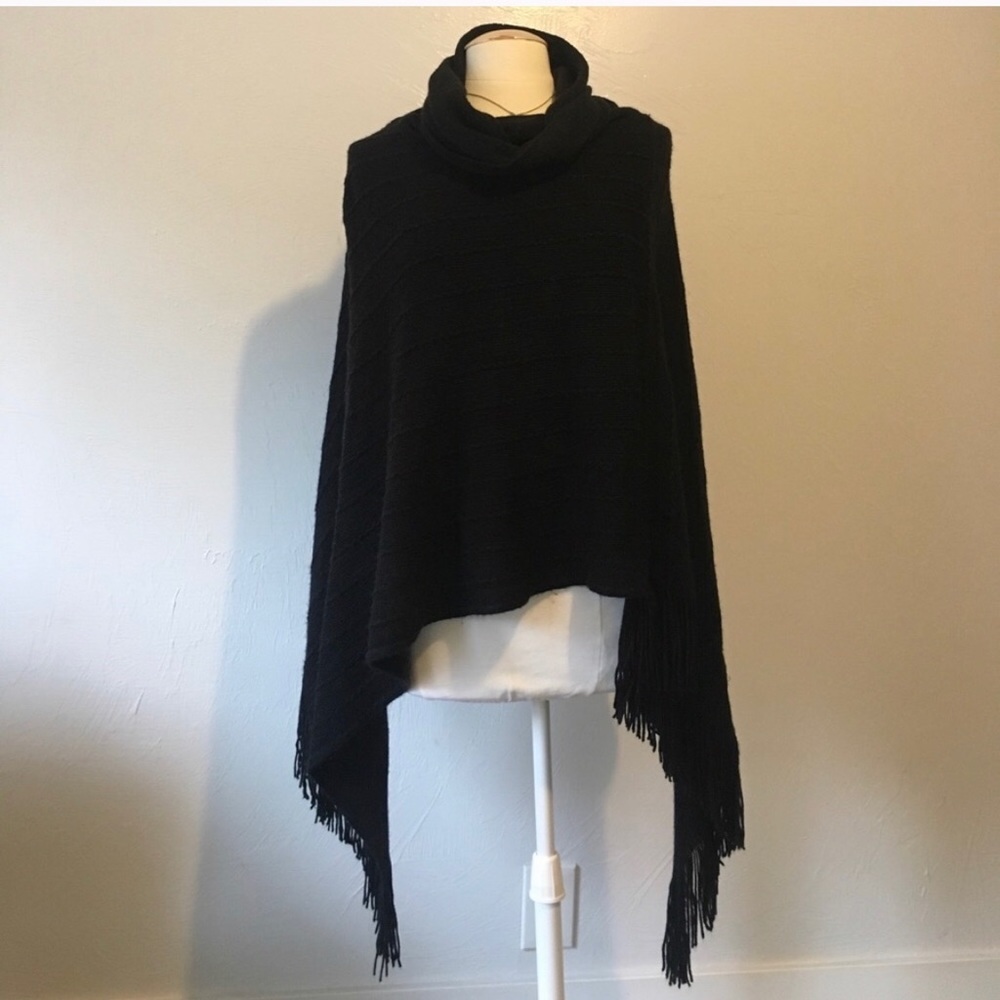 BCBG Poncho/Cape Knit Sweater w Fringe & Cowl Neck